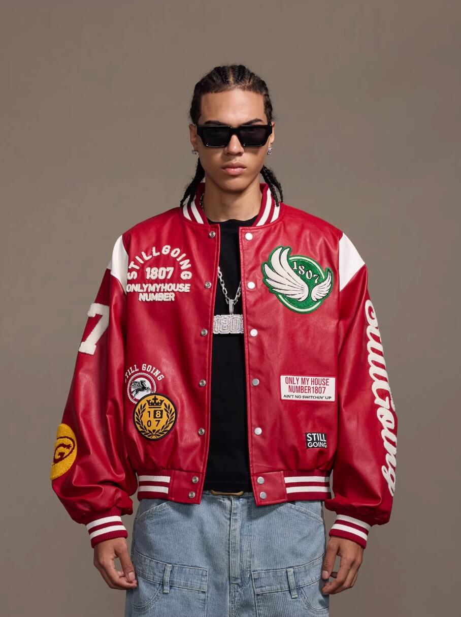 1807 PU Leather Patchwork Varsity Jacket