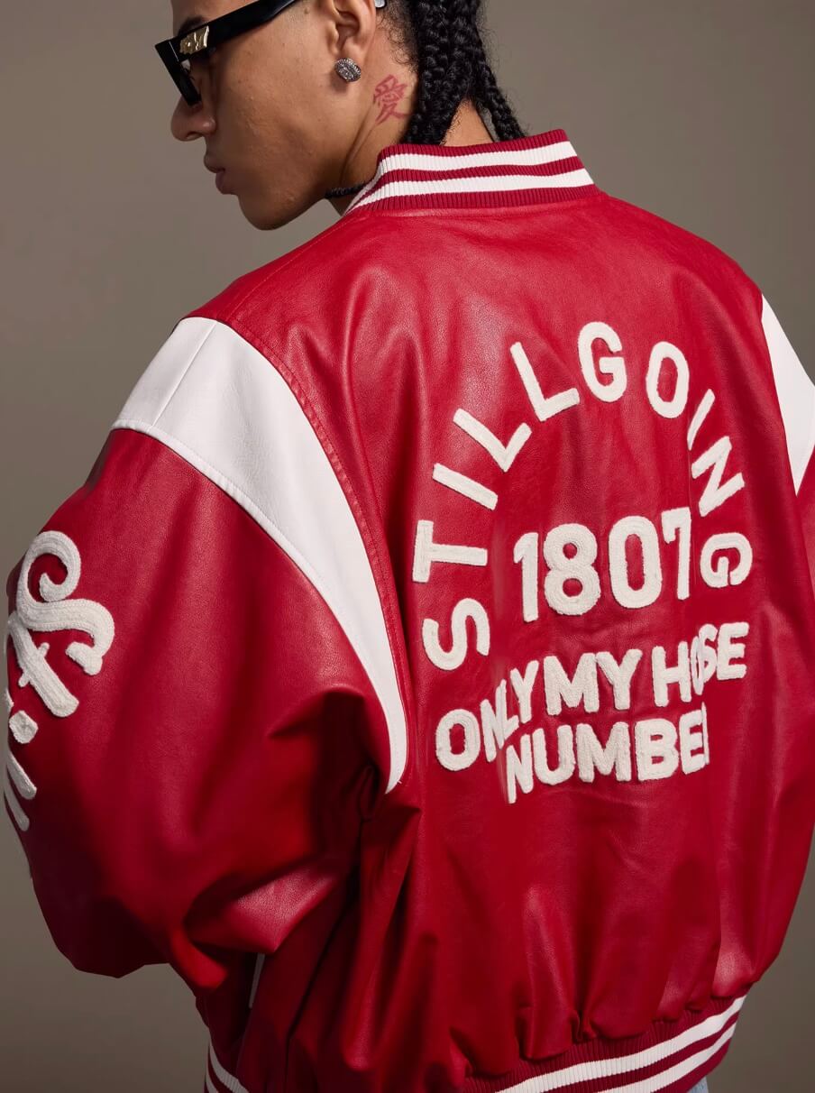 1807 PU Leather Patchwork Varsity Jacket
