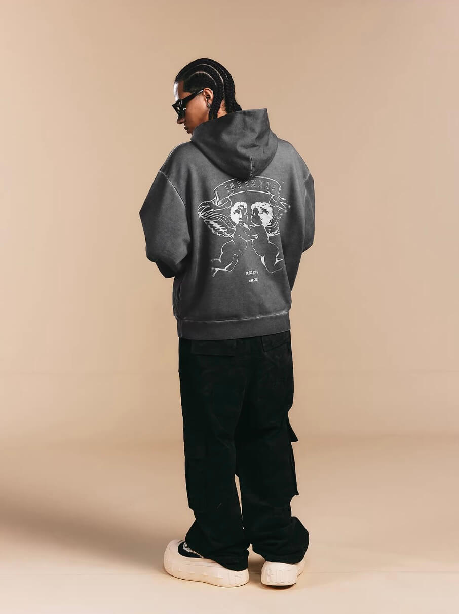 1807 Angel Printed Washed Ash Hoodie