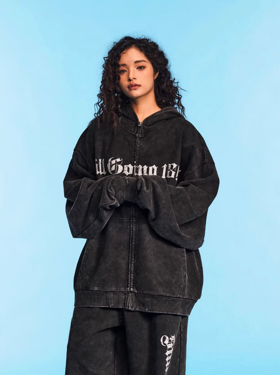 1807 Gothic Printed Washed Zip Up Hoodie