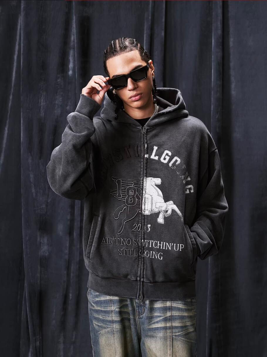 1807 Pegasus Wash Fade Zip Up Hoodie