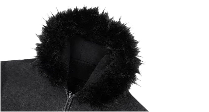 1807 Faux Fur Hood Trim Washed Zip Up Hoodie