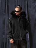 1807 Faux Fur Hood Trim Washed Zip Up Hoodie