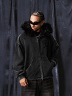 1807 Faux Fur Hood Trim Washed Zip Up Hoodie