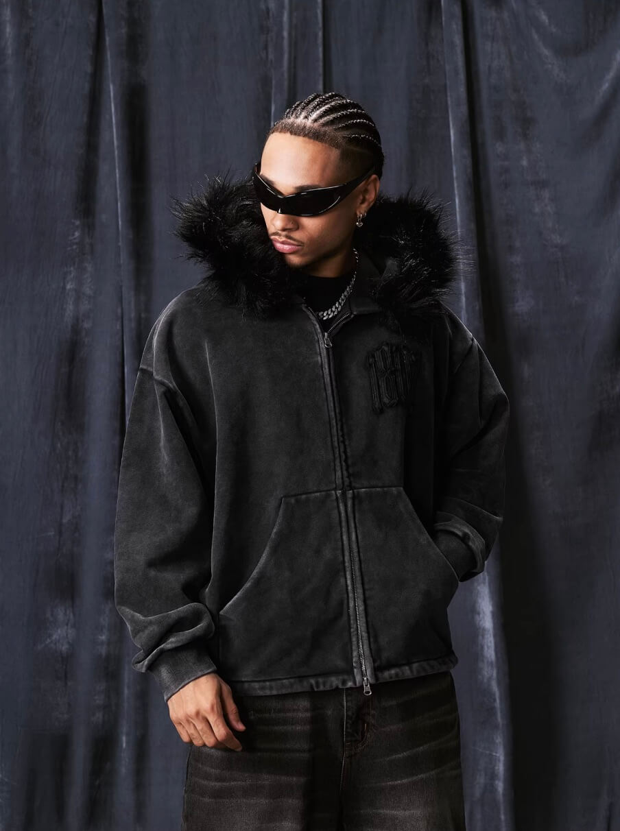 1807 Faux Fur Hood Trim Washed Zip Up Hoodie