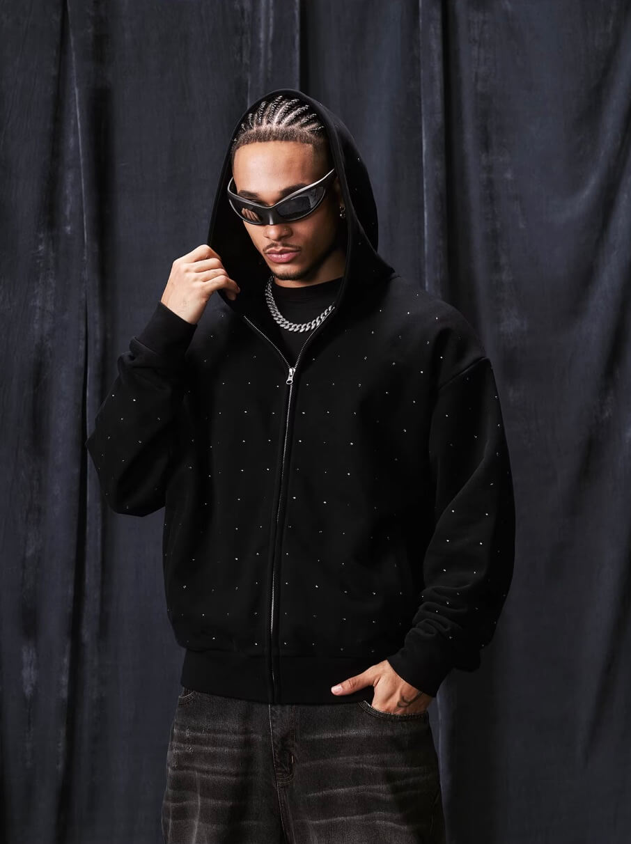 1807 Rhinestone Embellished Zip Up Hoodie