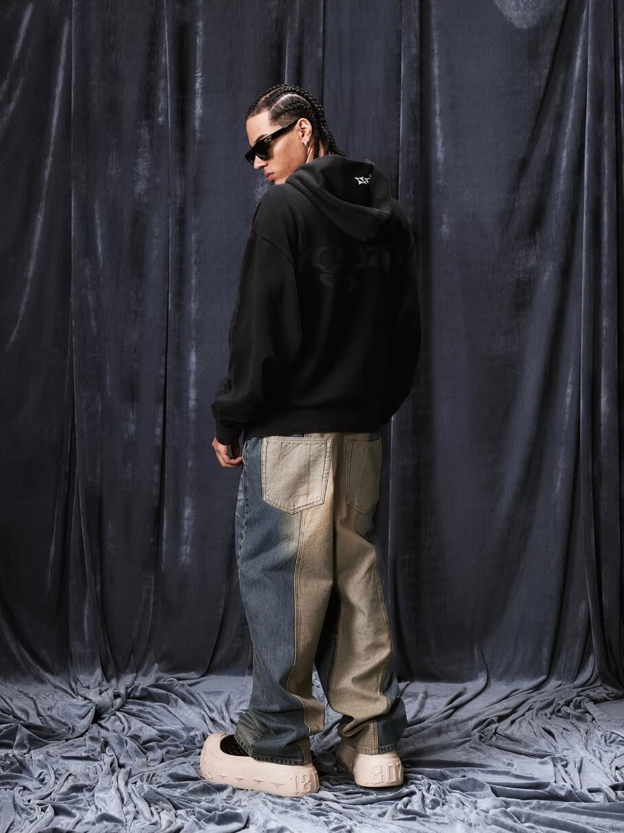 1807 Handcrafted Distressed Print Zip Up Hoodie