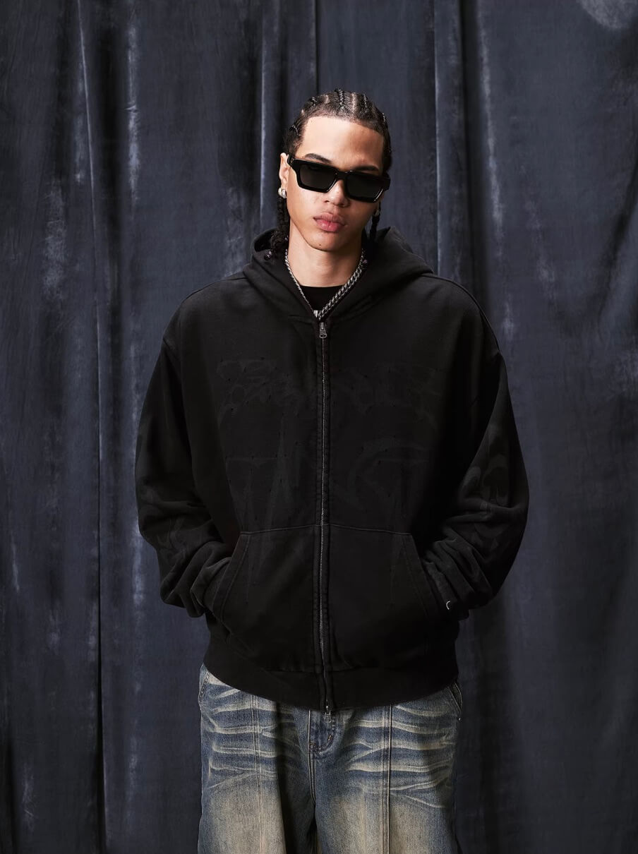 1807 Handcrafted Distressed Print Zip Up Hoodie