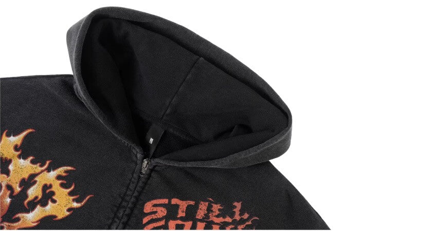1807 Racing Graffiti Printed Washed Zip Up Hoodie
