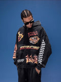 1807 Racing Graffiti Printed Washed Zip Up Hoodie