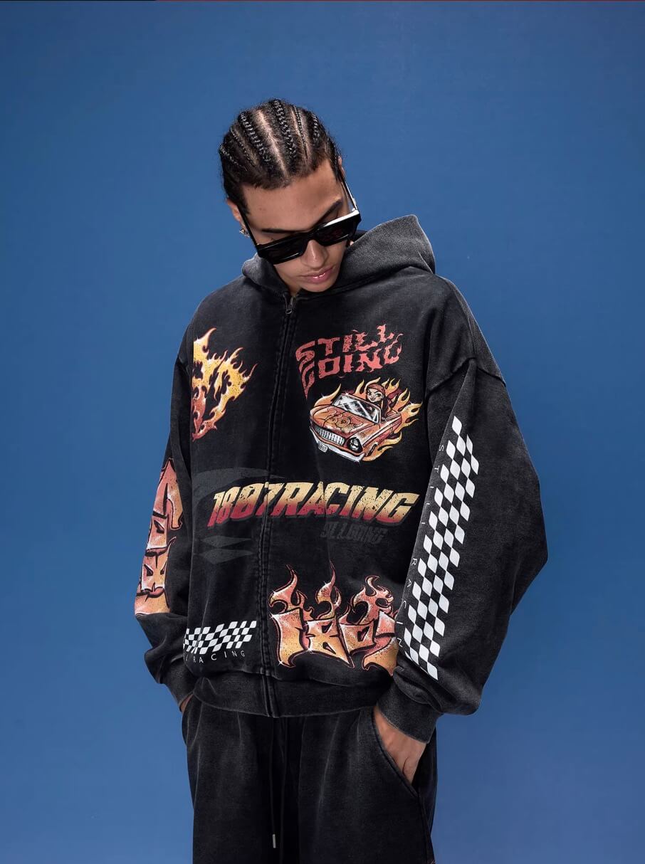 1807 Racing Graffiti Printed Washed Zip Up Hoodie