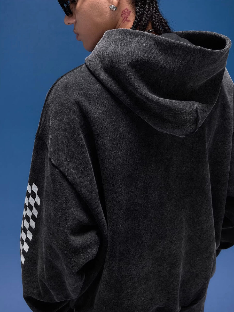 1807 Racing Graffiti Printed Washed Zip Up Hoodie