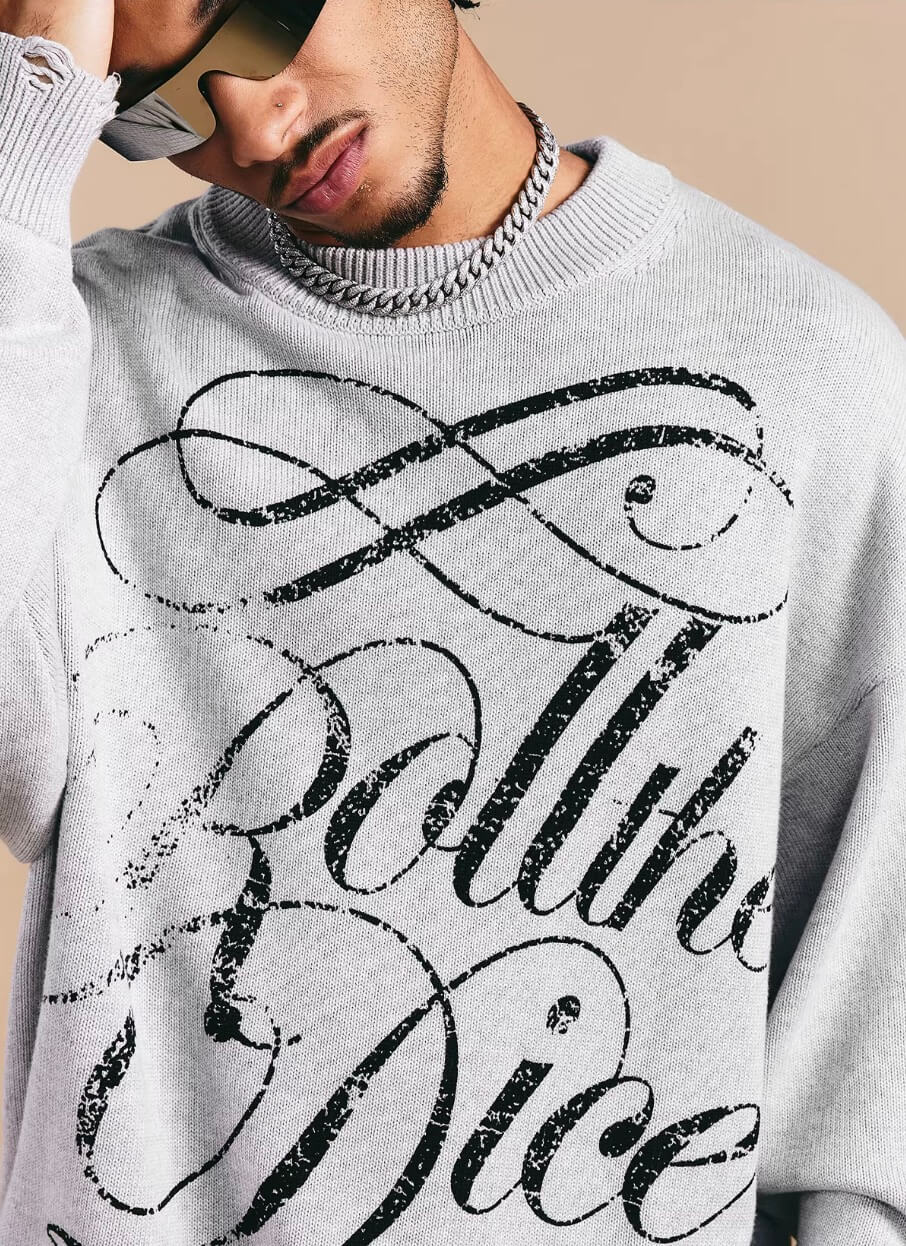 1807 ROLLTHEDICE Vintage Printed Distressed Knit Sweater