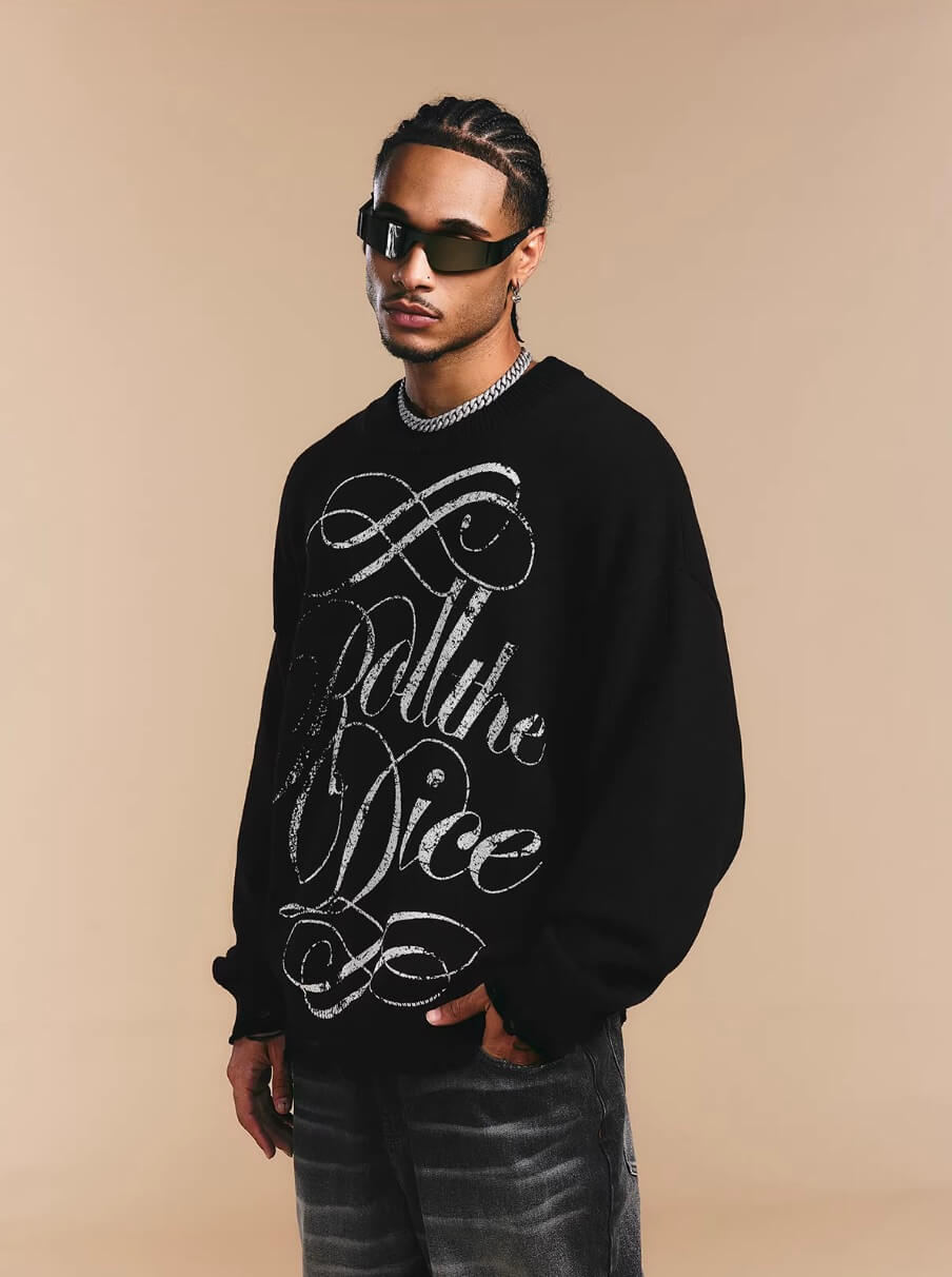 1807 ROLLTHEDICE Vintage Printed Distressed Knit Sweater
