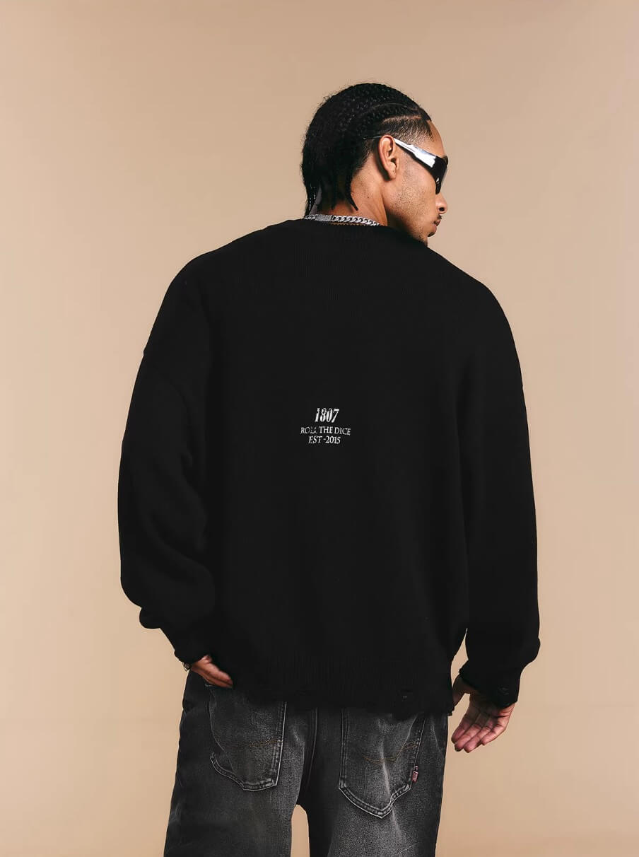 1807 ROLLTHEDICE Vintage Printed Distressed Knit Sweater