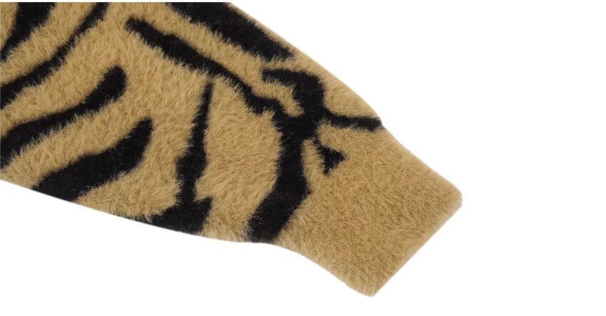 1807 Tiger Striped Faux Mink Fur Knit Zip Up Hoodie