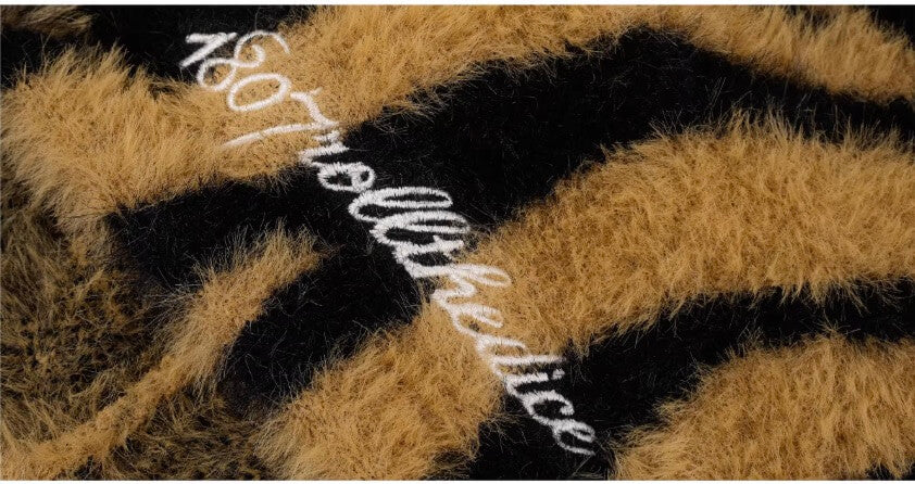 1807 Tiger Striped Faux Mink Fur Knit Zip Up Hoodie