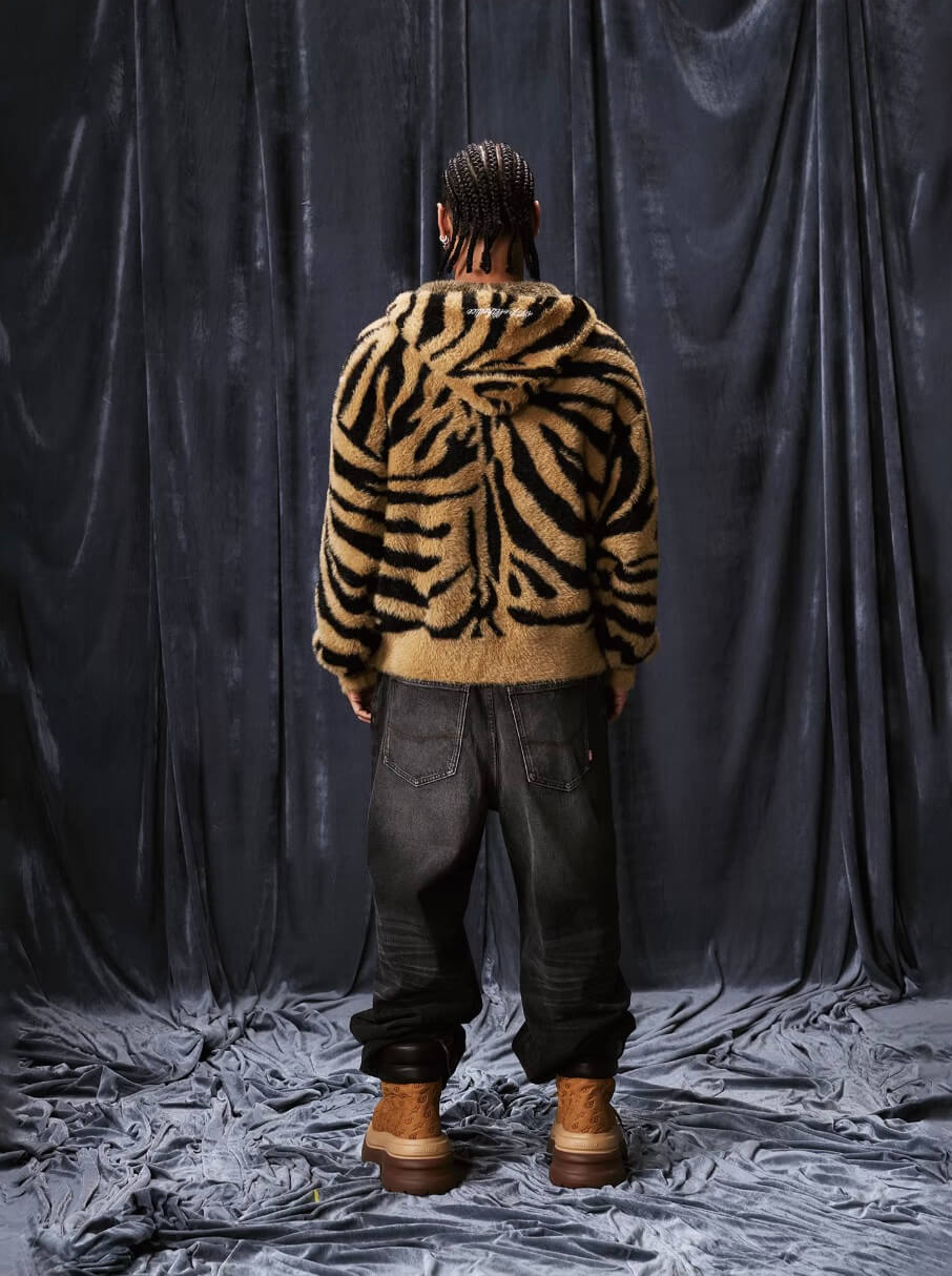 1807 Tiger Striped Faux Mink Fur Knit Zip Up Hoodie