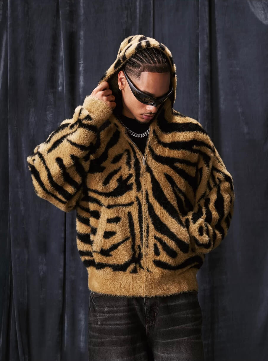 1807 Tiger Striped Faux Mink Fur Knit Zip Up Hoodie