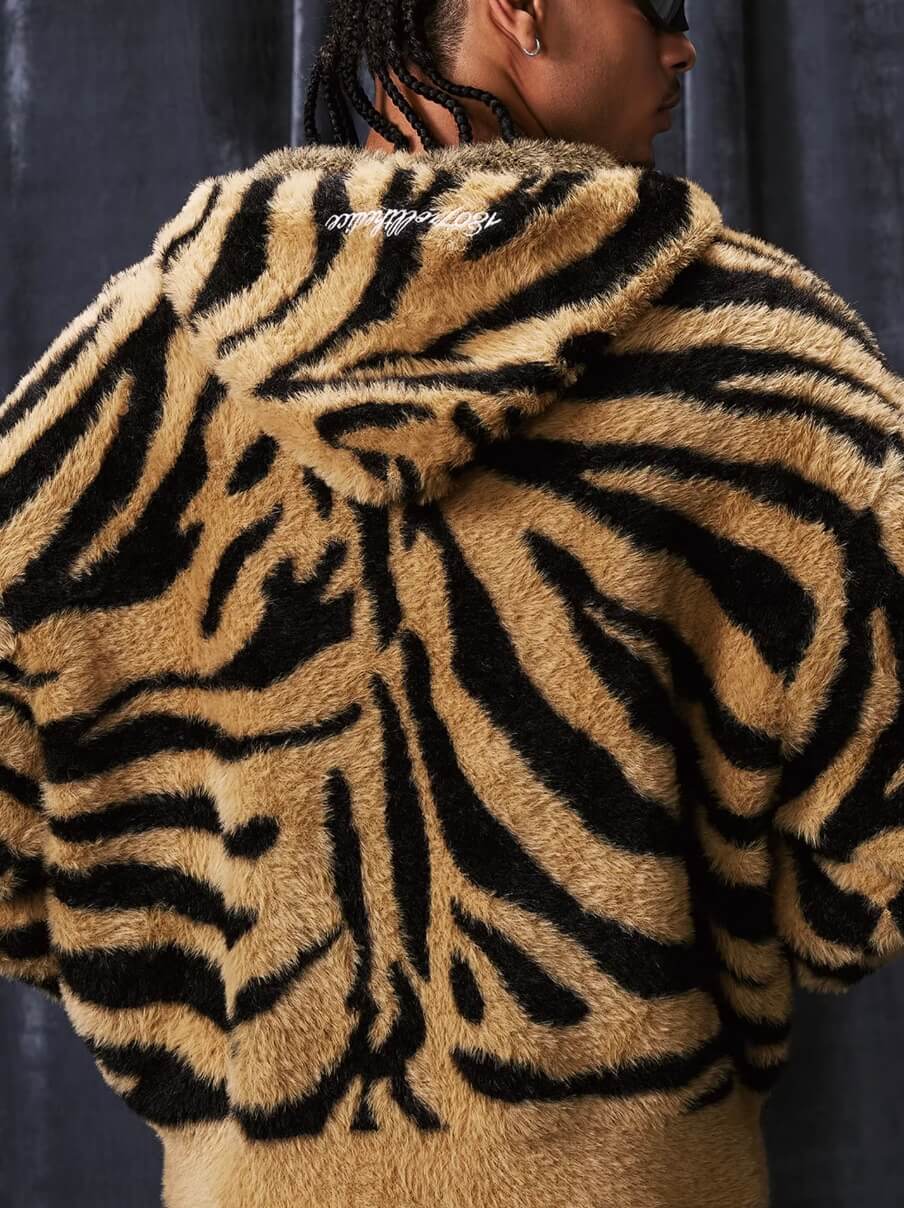1807 Tiger Striped Faux Mink Fur Knit Zip Up Hoodie