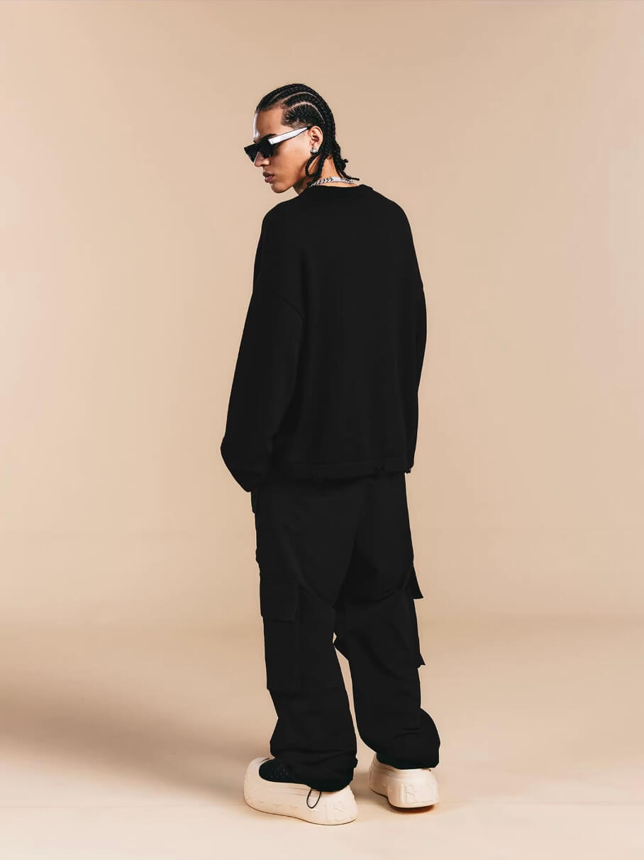 1807 3D Logo Embroidered Distressed Knit Sweater