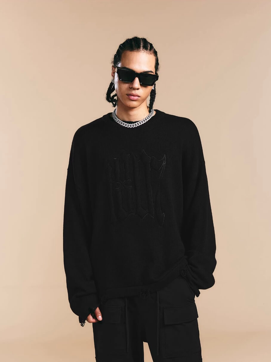 1807 3D Logo Embroidered Distressed Knit Sweater