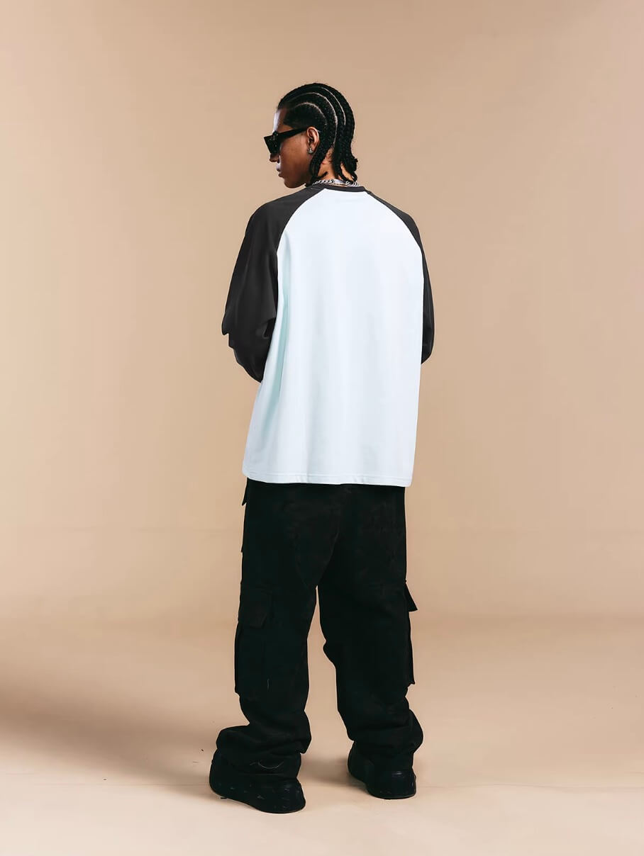 1807 ROLLTHEDICE 3D Embroidered Color Block Raglan Long Sleeve Tee
