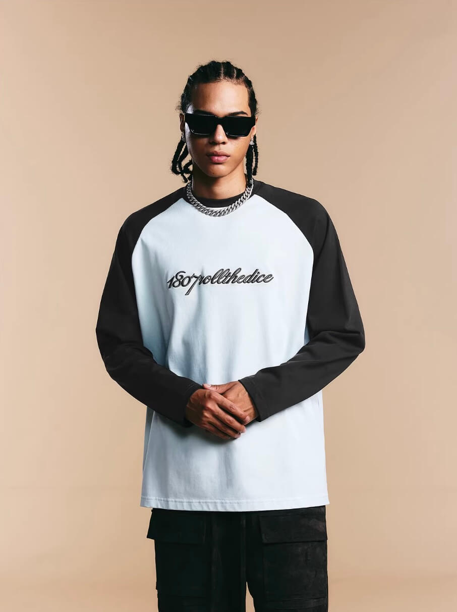 1807 ROLLTHEDICE 3D Embroidered Color Block Raglan Long Sleeve Tee