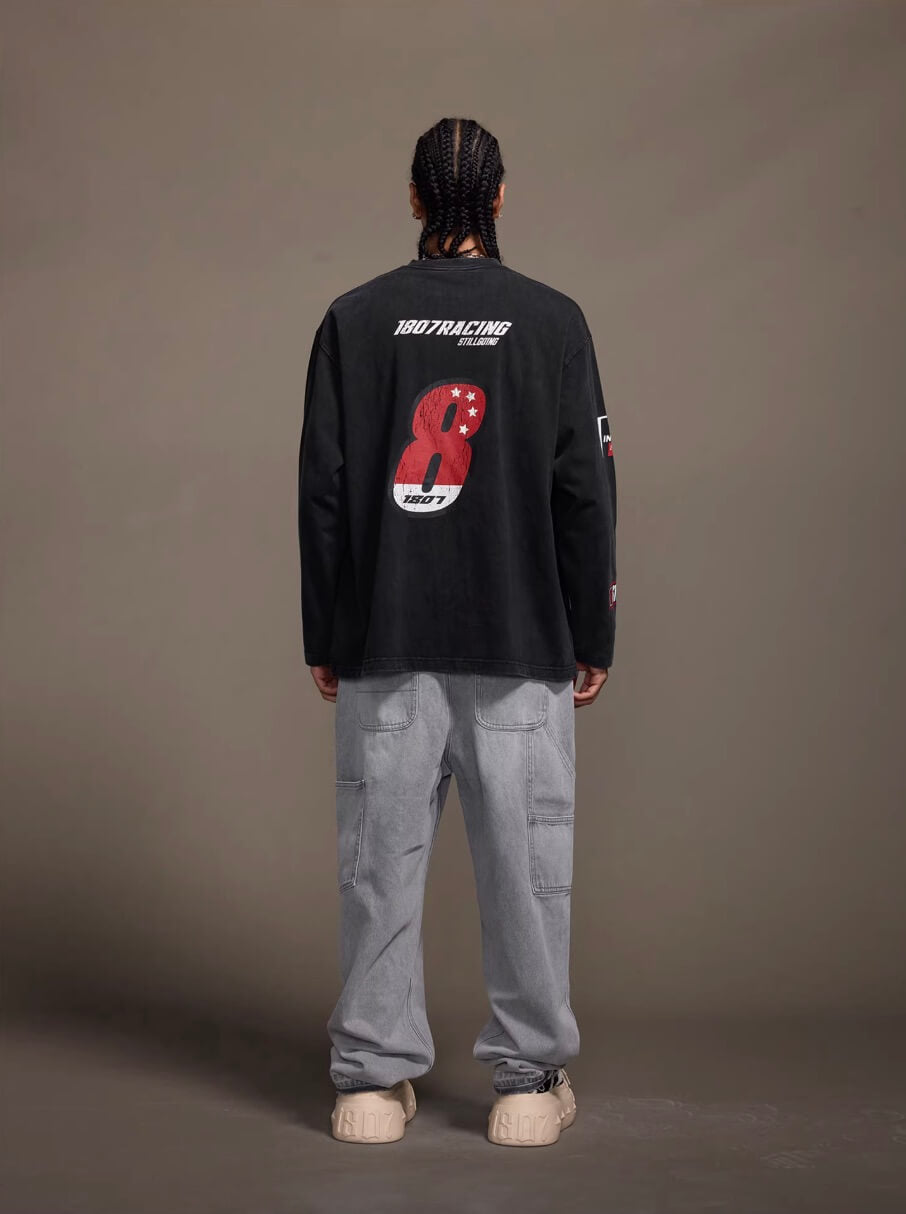1807 Racing Vintage Printed Distressed Long Sleeve Tee