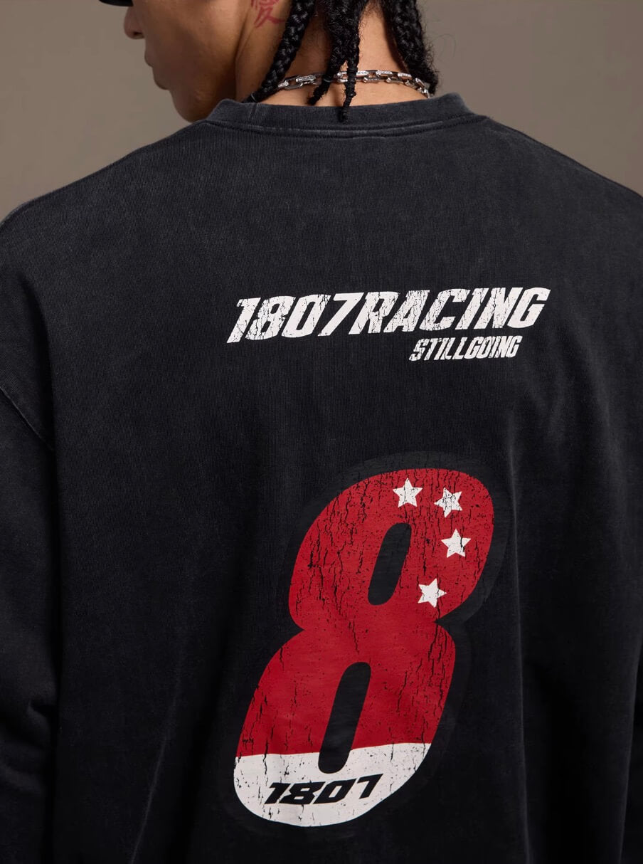 1807 Racing Vintage Printed Distressed Long Sleeve Tee