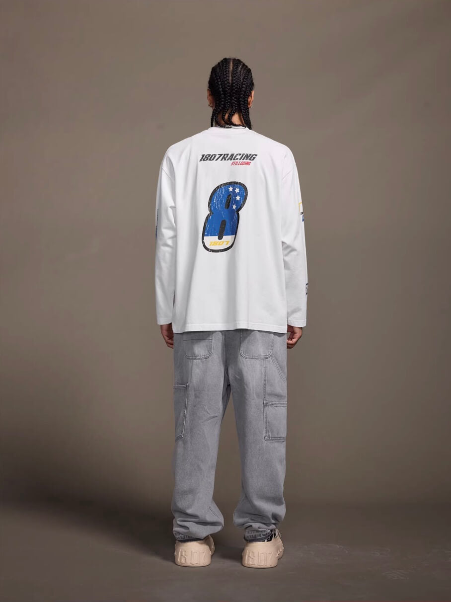1807 Racing Vintage Printed Distressed Long Sleeve Tee