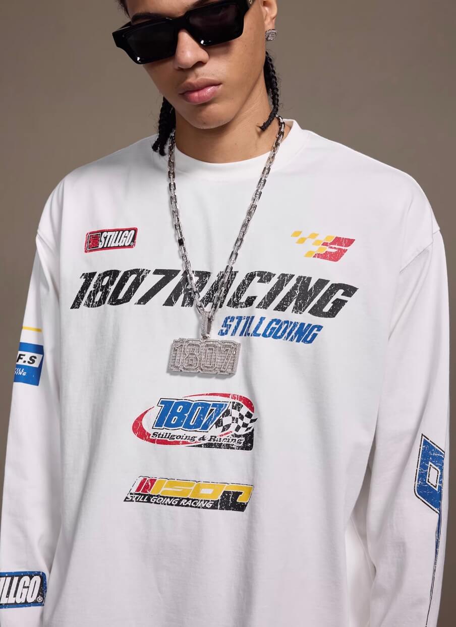 1807 Racing Vintage Printed Distressed Long Sleeve Tee
