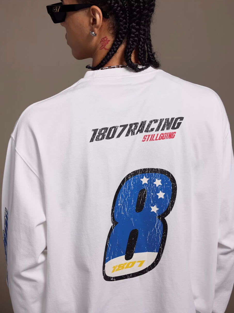 1807 Racing Vintage Printed Distressed Long Sleeve Tee