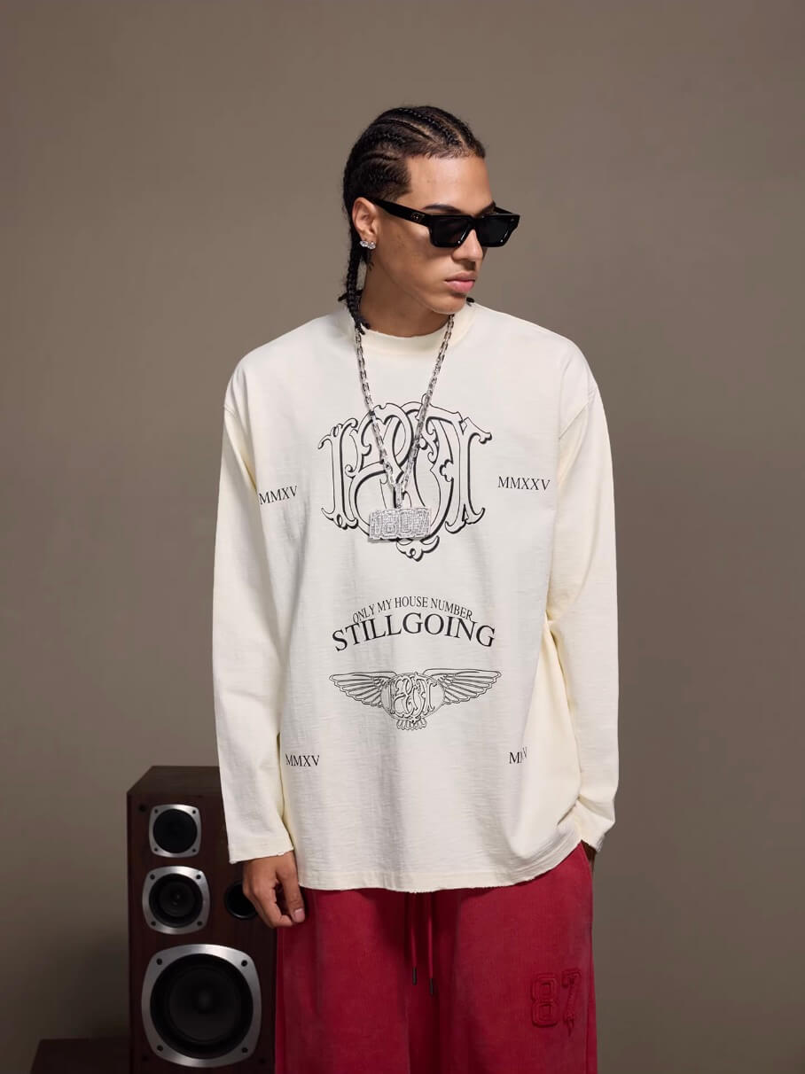 1807 Stamped Printed Distressed Long Sleeve Tee