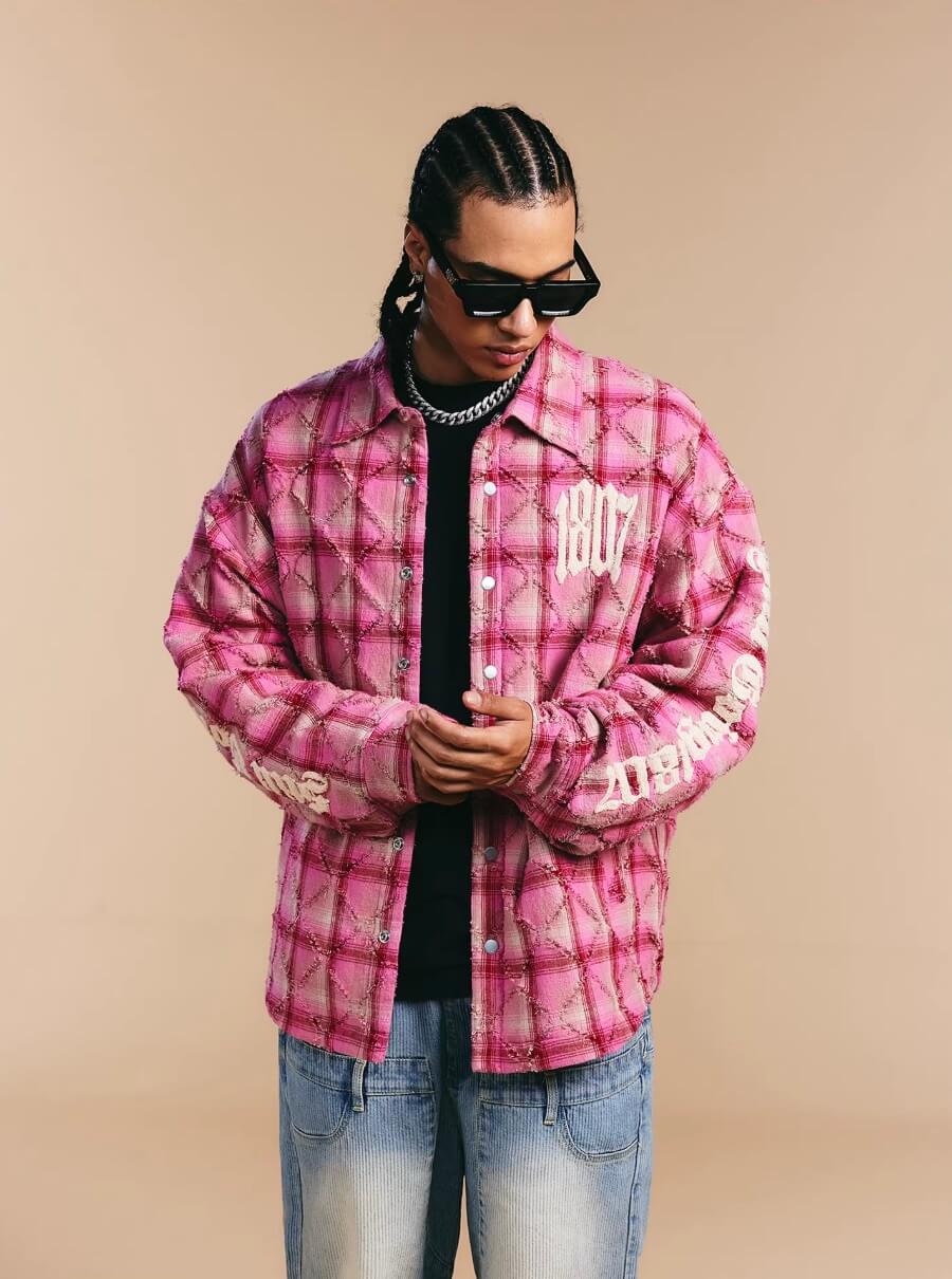 1807 Pink Quilted Plaid Long Sleeve Shirt