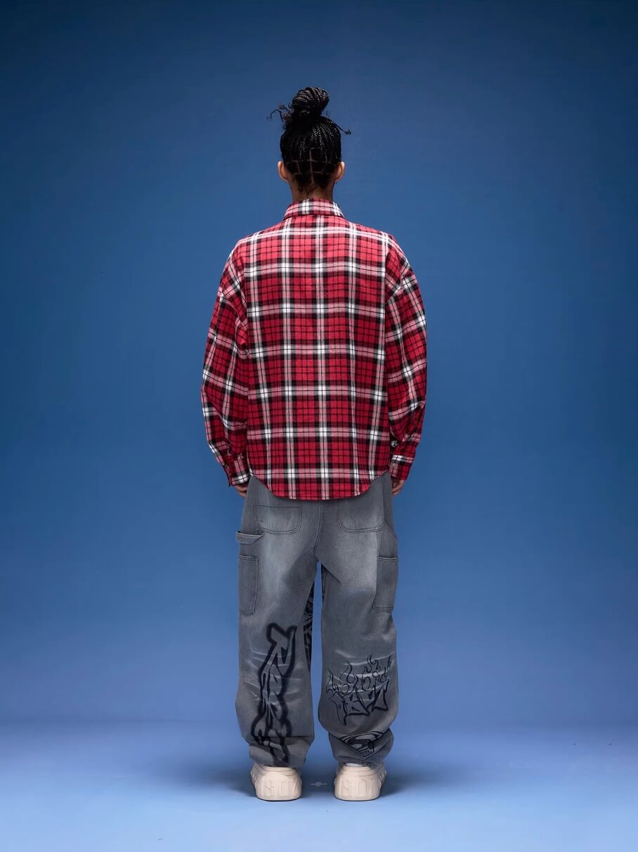 1807 Racing Printed Patch Plaid Long Sleeve Shirt