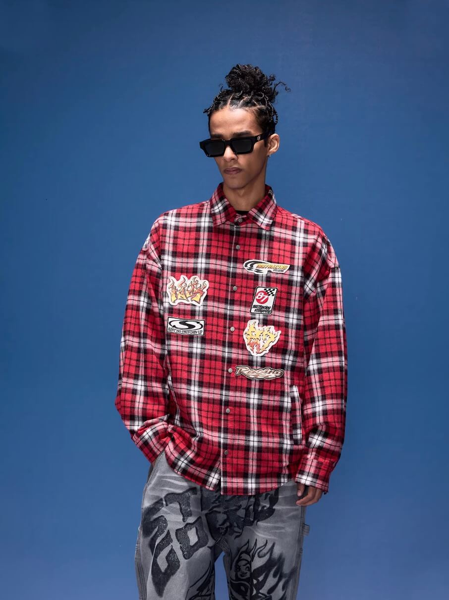 1807 Racing Printed Patch Plaid Long Sleeve Shirt