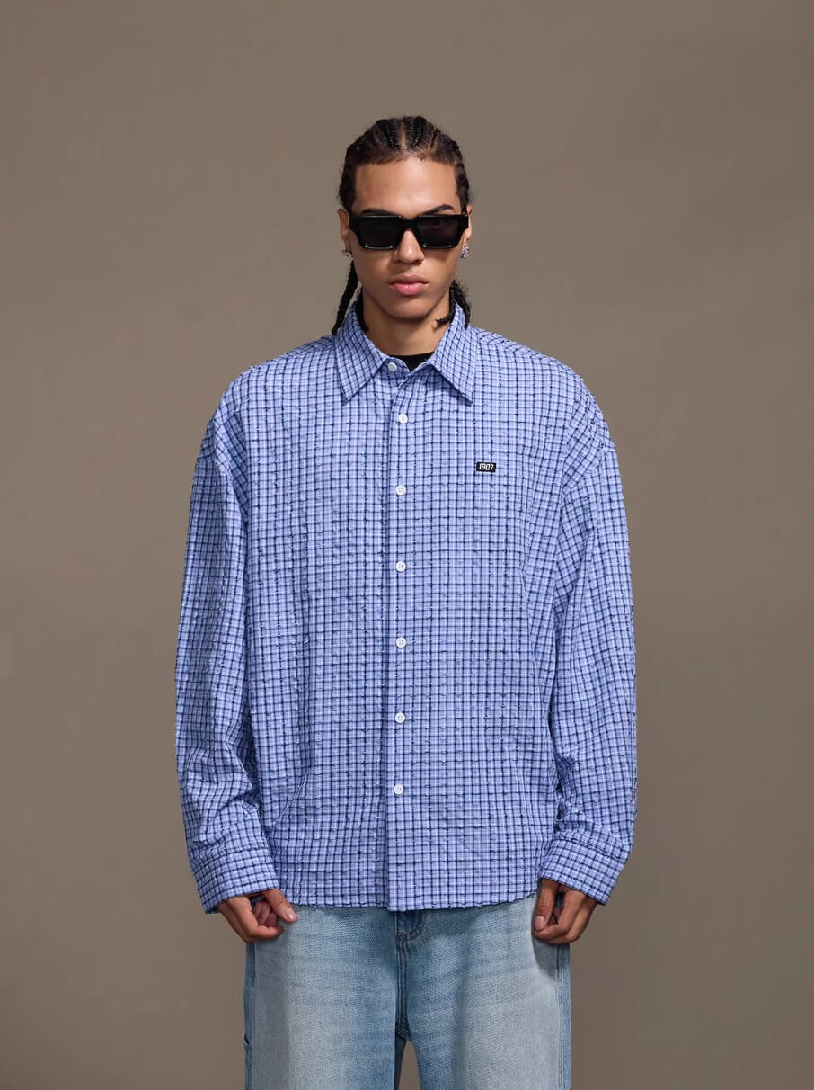 1807 Small Logo Plaid Perforated Long Sleeve Shirt