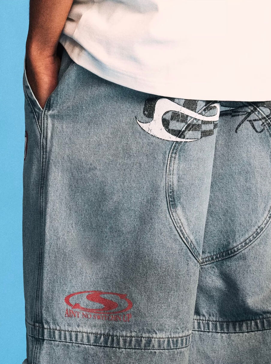 1807 Racing Crackle Print Washed Baggy Jeans