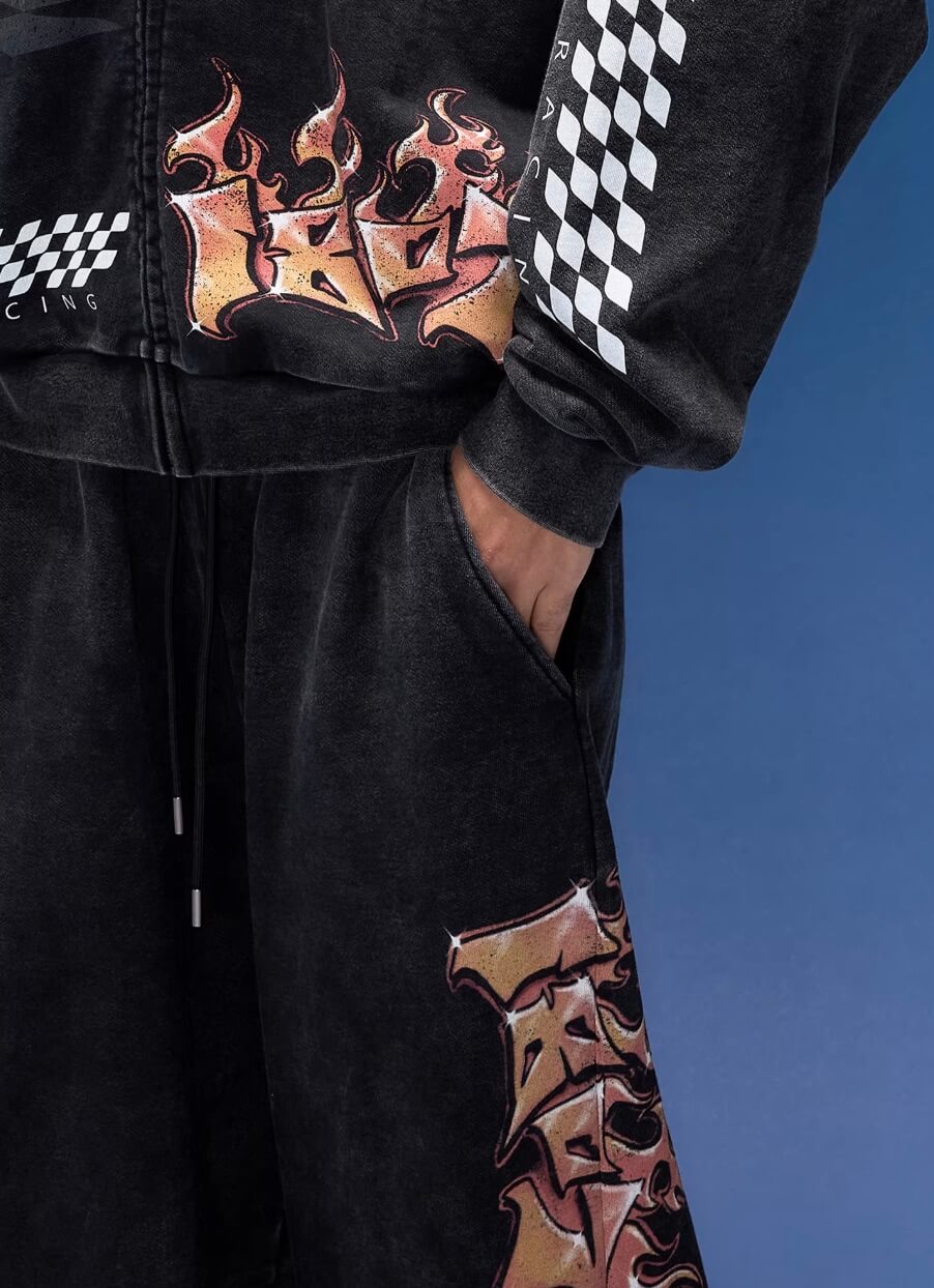 1807 Racing Graffiti Print Washed Baggy Sweatpants