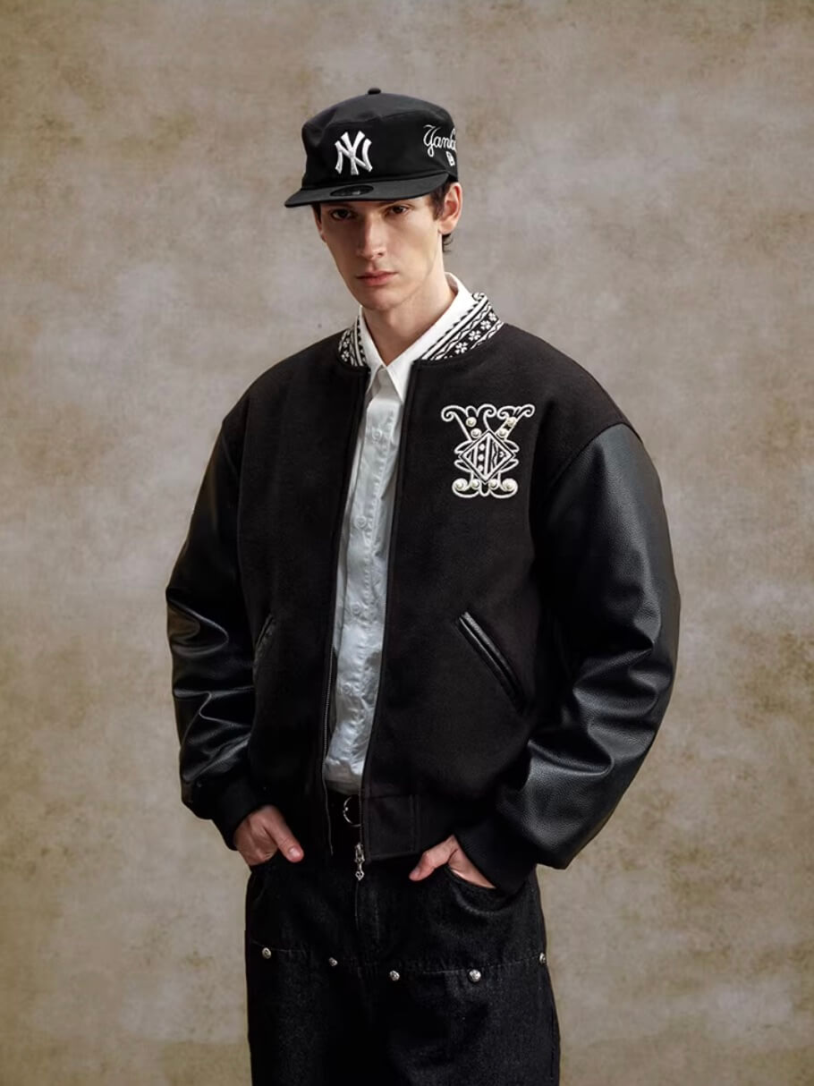 YADcrew 3D Embroidered Pearl Varsity Jacket