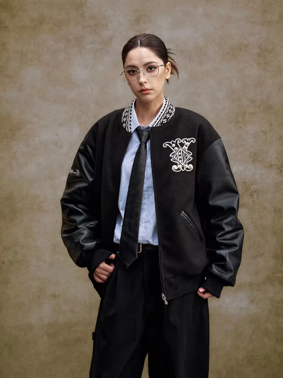 YADcrew 3D Embroidered Pearl Varsity Jacket