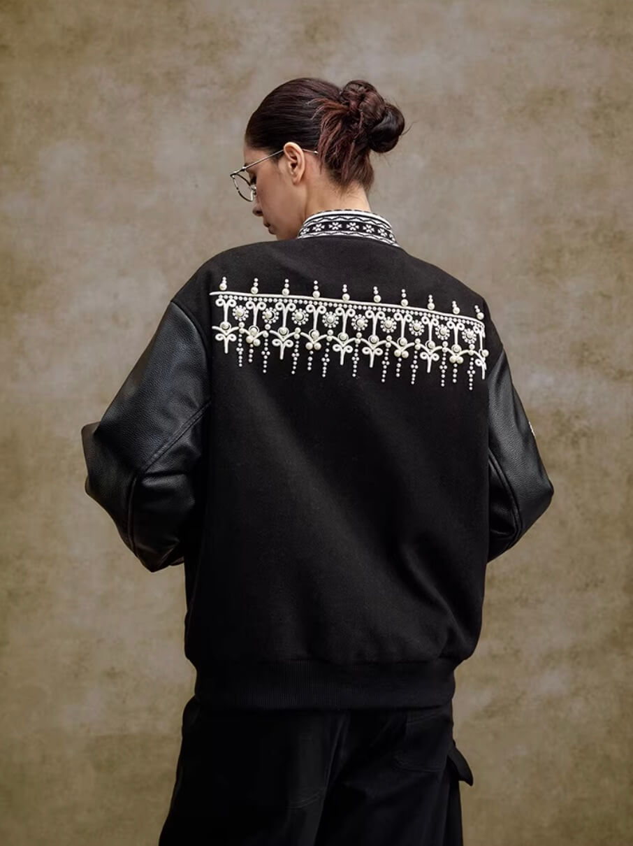 YADcrew 3D Embroidered Pearl Varsity Jacket