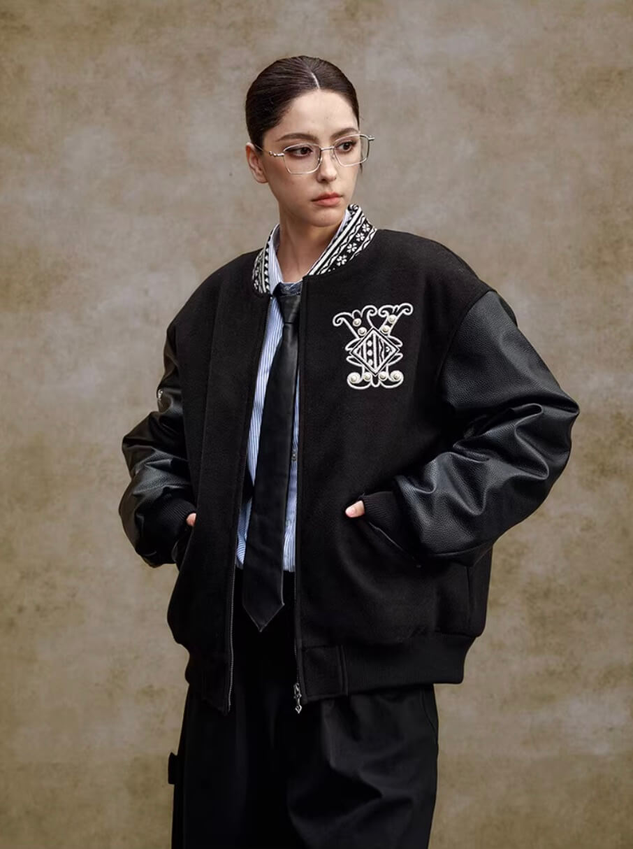 YADcrew 3D Embroidered Pearl Varsity Jacket