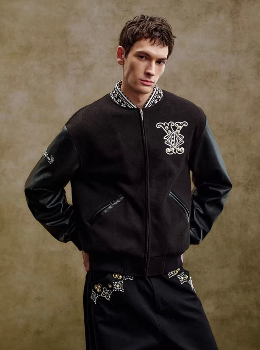 YADcrew 3D Embroidered Pearl Varsity Jacket
