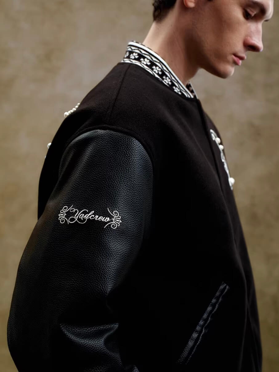 YADcrew 3D Embroidered Pearl Varsity Jacket