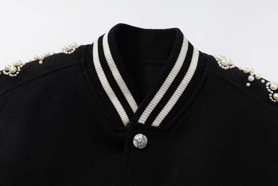 YADcrew Pearl Studded Metal Button Varsity Jacket