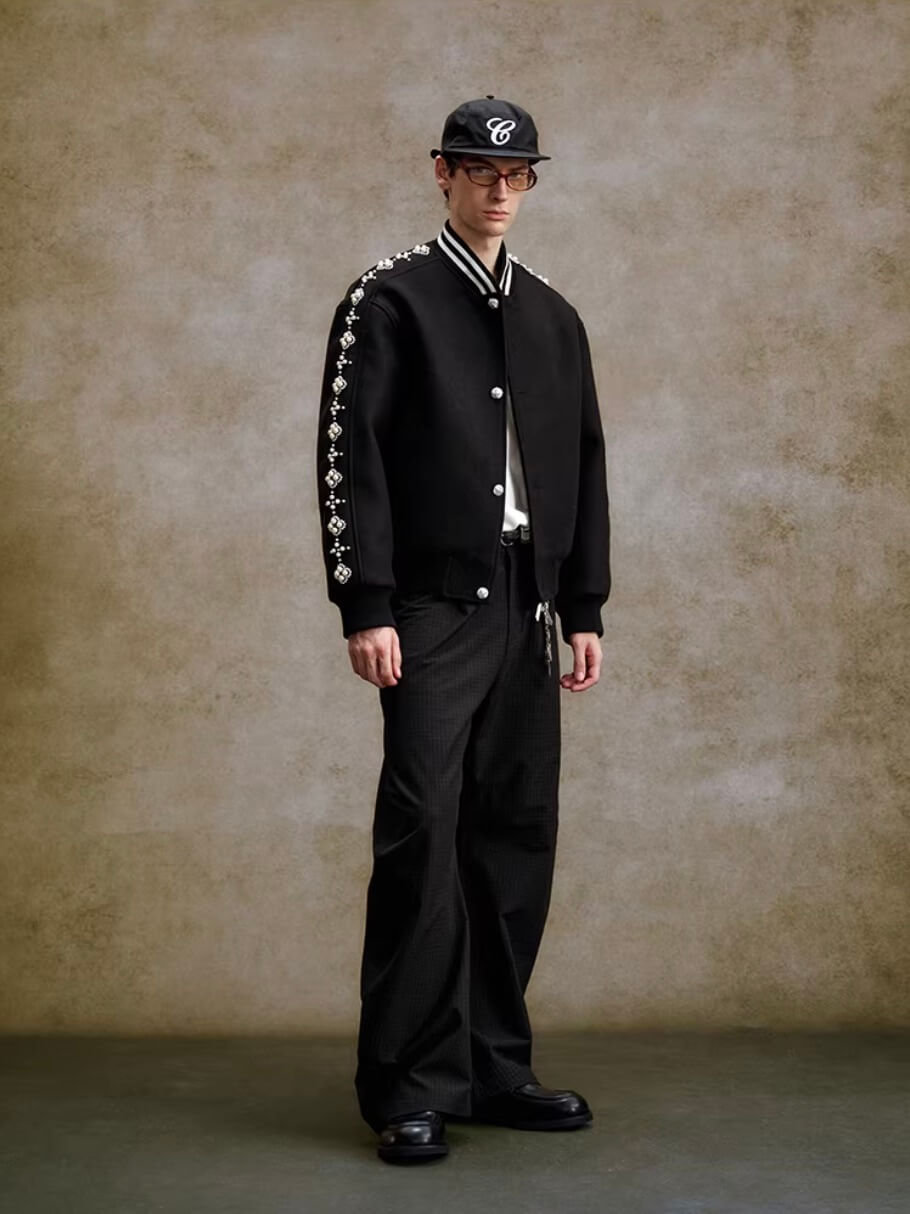 YADcrew Pearl Studded Metal Button Varsity Jacket