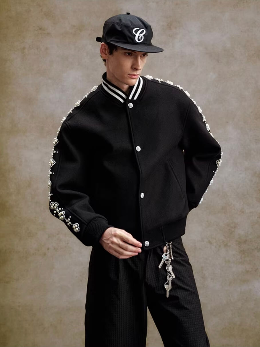 YADcrew Pearl Studded Metal Button Varsity Jacket