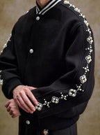 YADcrew Pearl Studded Metal Button Varsity Jacket